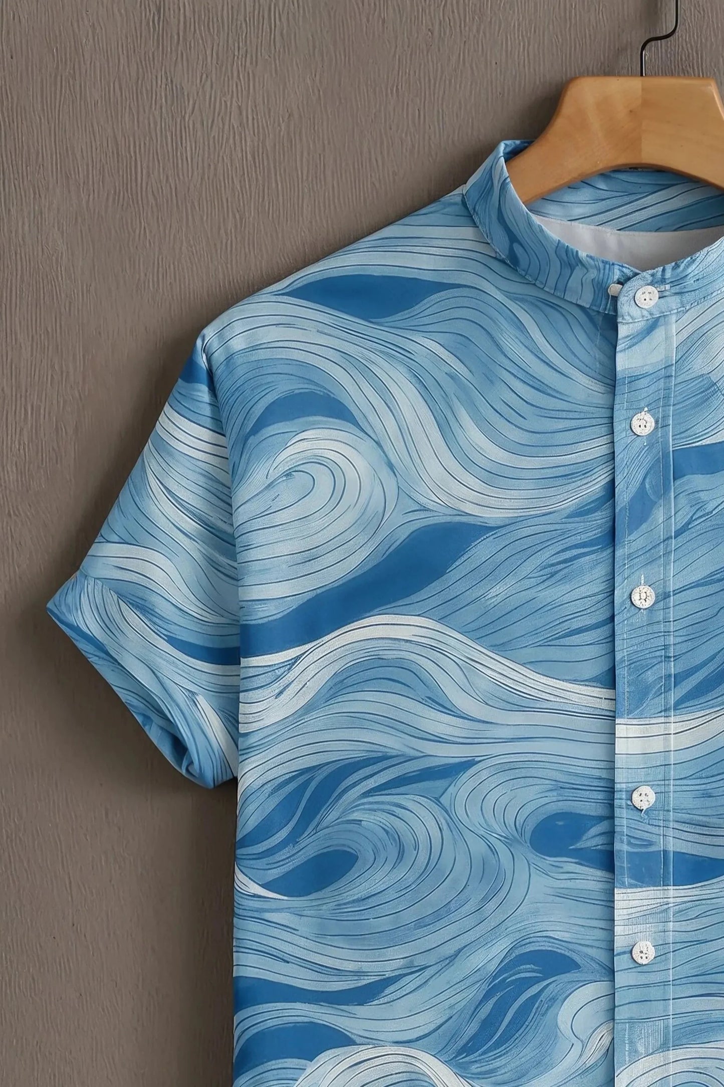 Men’s Blue Abstract Wave Shirt – Ocean Flow Graphic Mandarin Collar Shirt | Velloria.shop