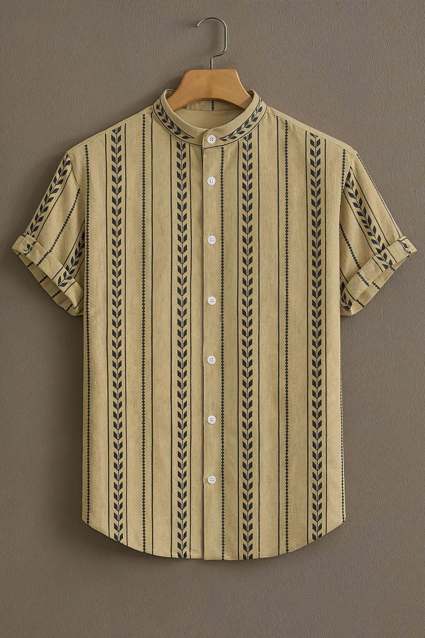 Men’s Ethnic Stripe Pattern Shirt – Minimal Tribal Design Mandarin Collar Shirt