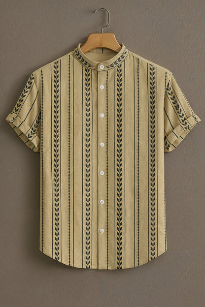 Men’s Ethnic Stripe Pattern Shirt – Minimal Tribal Design Mandarin Collar Shirt