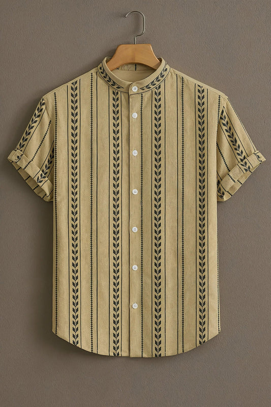 Men’s Ethnic Stripe Pattern Shirt – Minimal Tribal Design Mandarin Collar Shirt