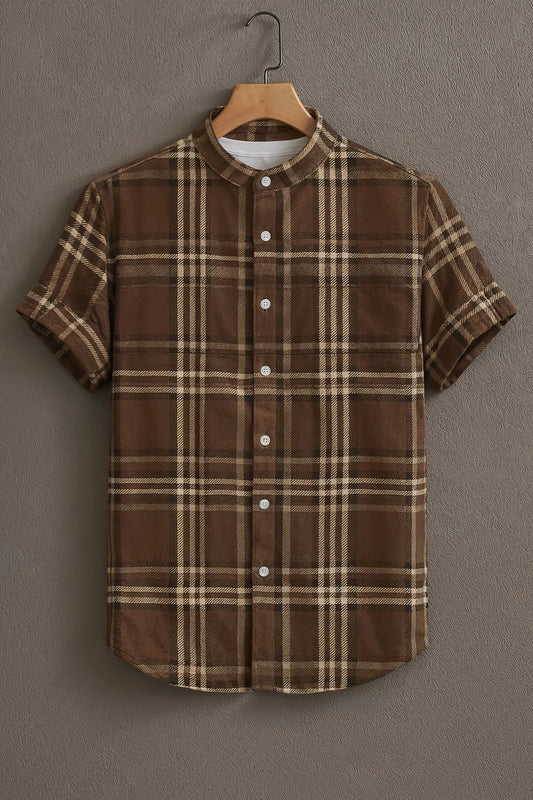 Men’s Classic Brown Checkered Shirt – Vintage Plaid Mandarin Collar Shirt