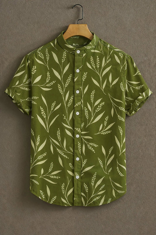 Men’s Green Botanical Print Shirt – Minimal Leaf Pattern Mandarin Collar Shirt