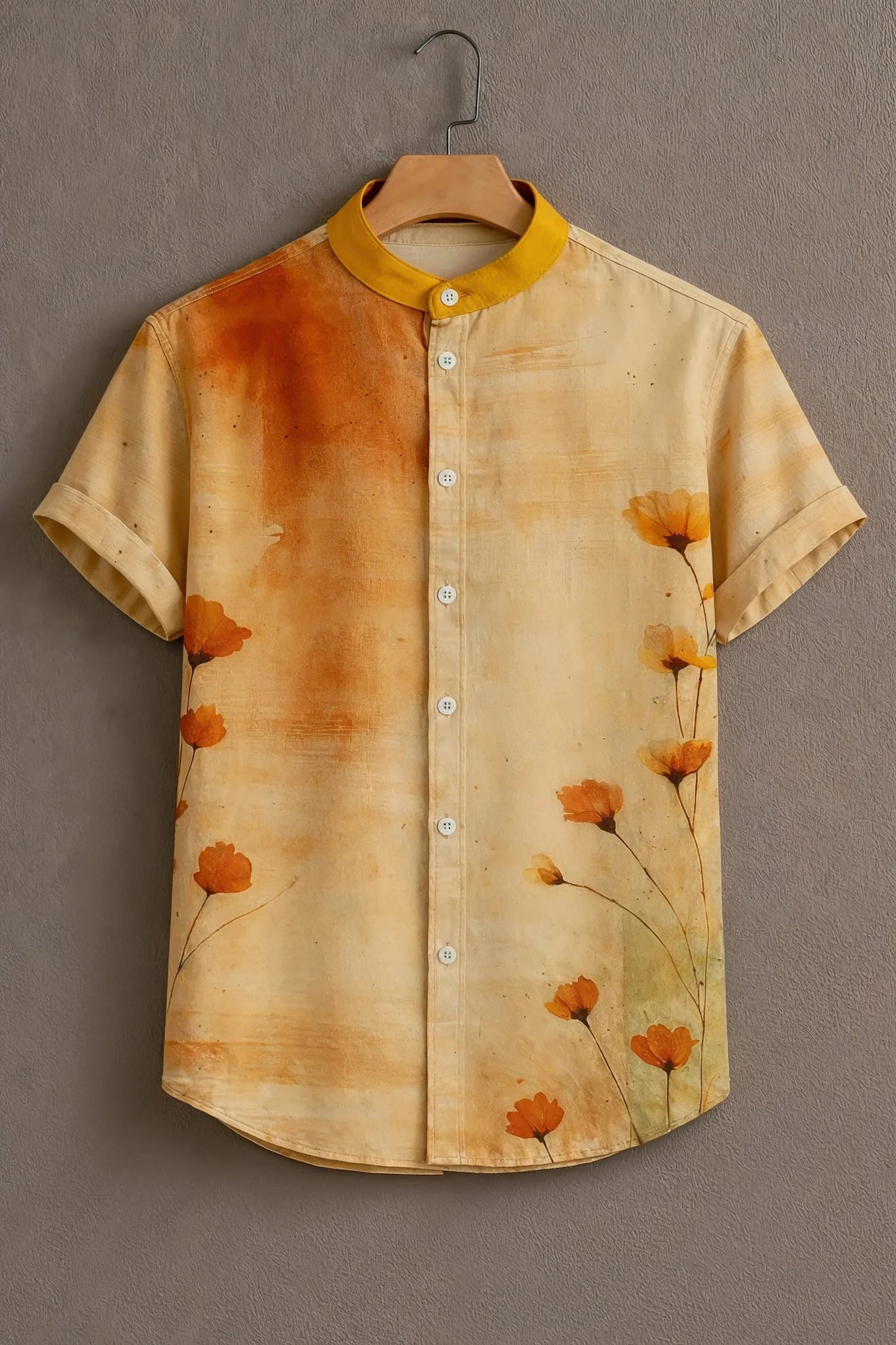 Men’s Warm Floral Sunset Shirt – Artistic Minimal Print Mandarin Collar Shirt | Velloria.shop