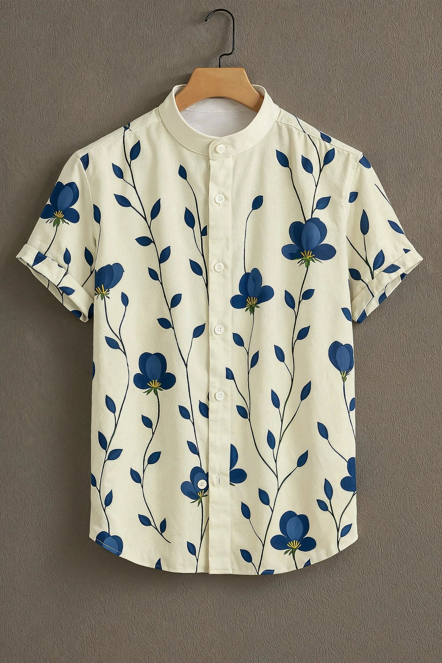 Men’s Blue Floral Vine Print Shirt – Minimal Aesthetic Mandarin Collar Shirt