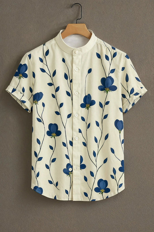 Men’s Blue Floral Vine Print Shirt – Minimal Aesthetic Mandarin Collar Shirt