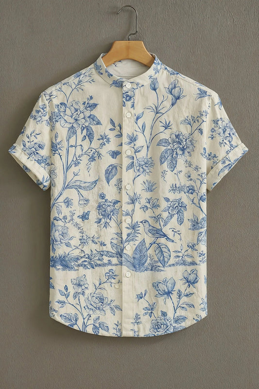 Men’s Vintage Floral Toile Print Shirt – Blue Aesthetic Mandarin Collar Shirt | Velloria.shop