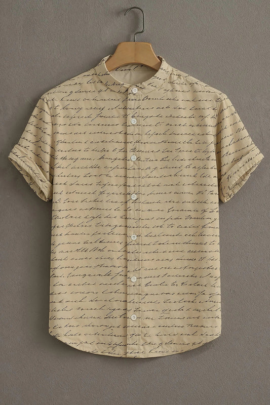 Men’s Vintage Script Print Shirt – Minimal Handwritten Text Mandarin Collar Shirt | Velloria.shop