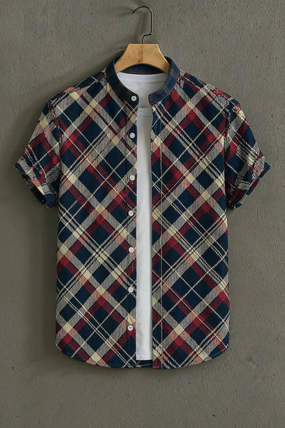 Men’s Modern Checkered Layered Shirt – Stylish Plaid Open Style Mandarin Collar Shirt | Velloria.shop