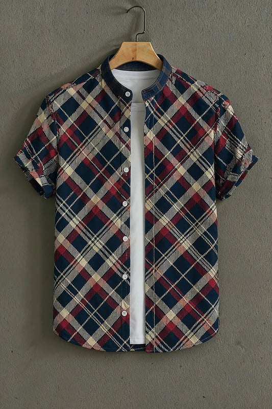 Men’s Modern Checkered Layered Shirt – Stylish Plaid Open Style Mandarin Collar Shirt | Velloria.shop