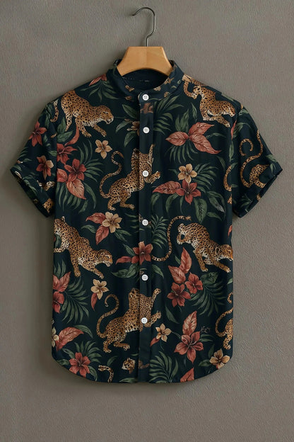 Men’s Leopard Tropical Print Shirt – Premium Jungle Floral Mandarin Collar Shirt