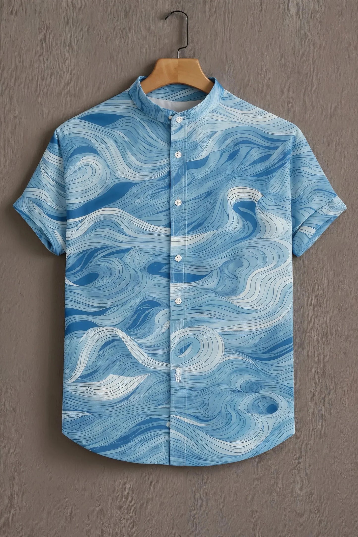 Men’s Blue Abstract Wave Shirt – Ocean Flow Graphic Mandarin Collar Shirt | Velloria.shop