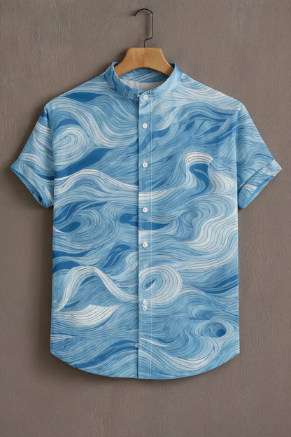 Men’s Blue Abstract Wave Shirt – Ocean Flow Graphic Mandarin Collar Shirt | Velloria.shop