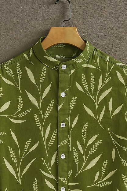 Men’s Green Botanical Print Shirt – Minimal Leaf Pattern Mandarin Collar Shirt