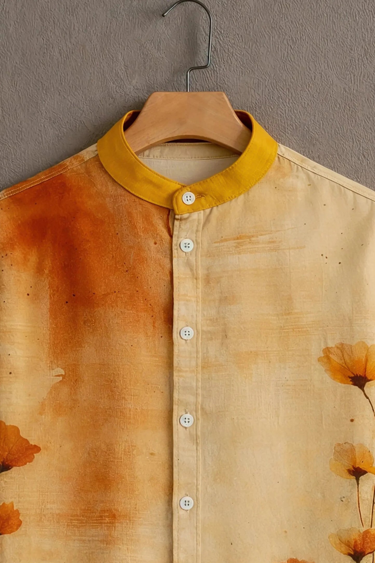 Men’s Warm Floral Sunset Shirt – Artistic Minimal Print Mandarin Collar Shirt | Velloria.shop