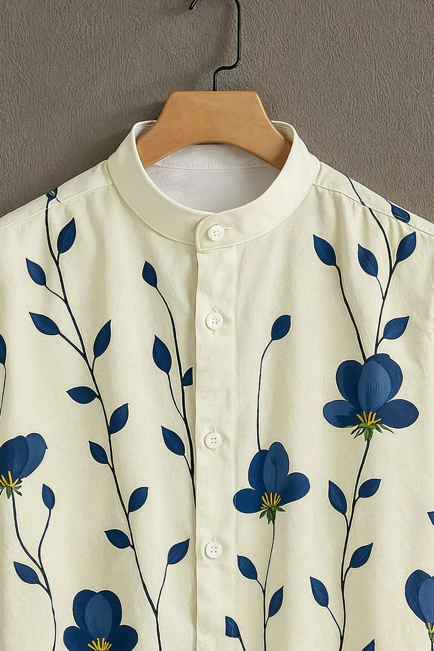 Men’s Blue Floral Vine Print Shirt – Minimal Aesthetic Mandarin Collar Shirt