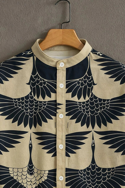 Men’s Premium Crane Print Shirt – Japanese Style Graphic Mandarin Collar Shirt