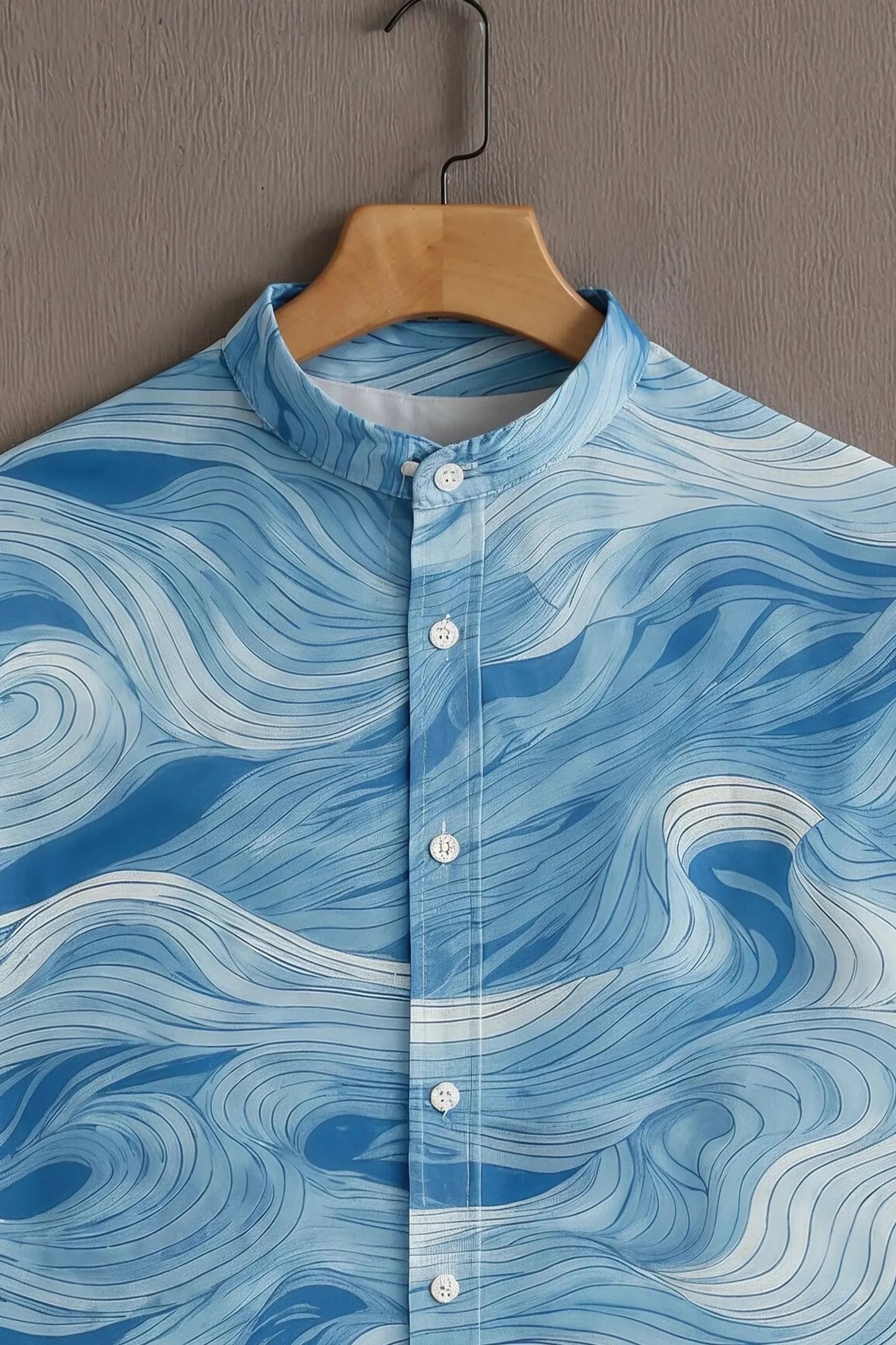 Men’s Blue Abstract Wave Shirt – Ocean Flow Graphic Mandarin Collar Shirt | Velloria.shop