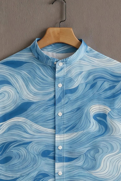 Men’s Blue Abstract Wave Shirt – Ocean Flow Graphic Mandarin Collar Shirt | Velloria.shop