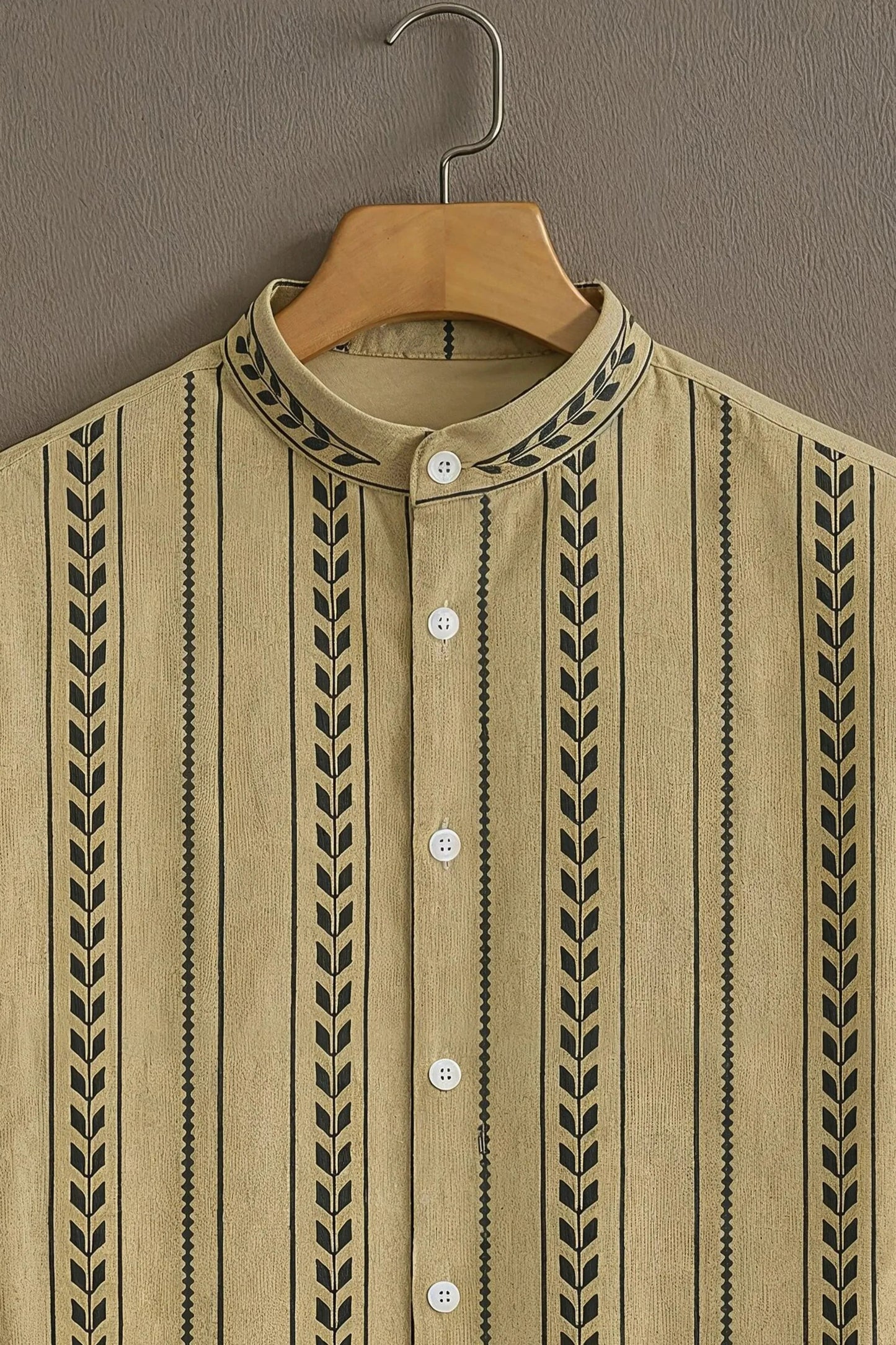 Men’s Ethnic Stripe Pattern Shirt – Minimal Tribal Design Mandarin Collar Shirt