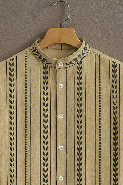 Men’s Ethnic Stripe Pattern Shirt – Minimal Tribal Design Mandarin Collar Shirt