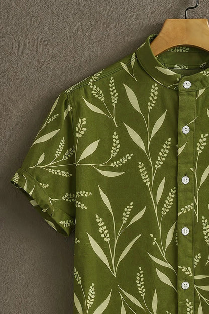 Men’s Green Botanical Print Shirt – Minimal Leaf Pattern Mandarin Collar Shirt