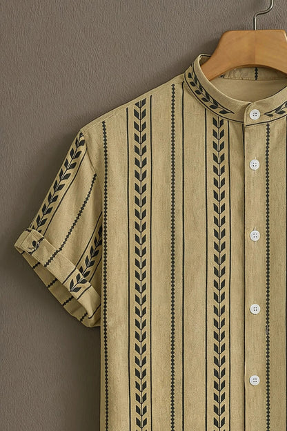 Men’s Ethnic Stripe Pattern Shirt – Minimal Tribal Design Mandarin Collar Shirt