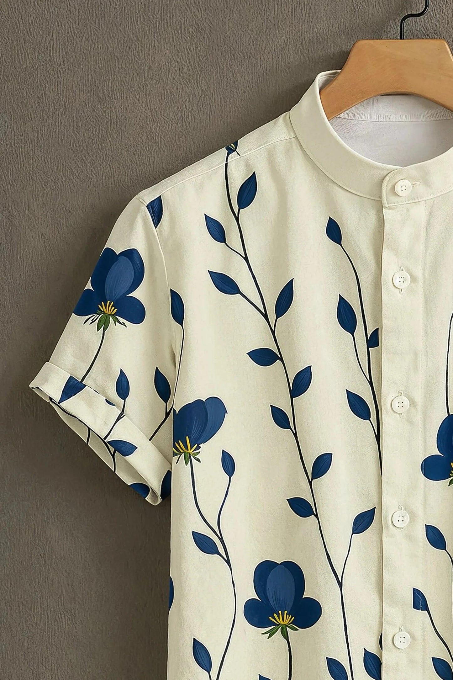 Men’s Blue Floral Vine Print Shirt – Minimal Aesthetic Mandarin Collar Shirt