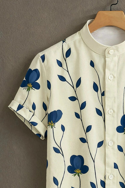 Men’s Blue Floral Vine Print Shirt – Minimal Aesthetic Mandarin Collar Shirt