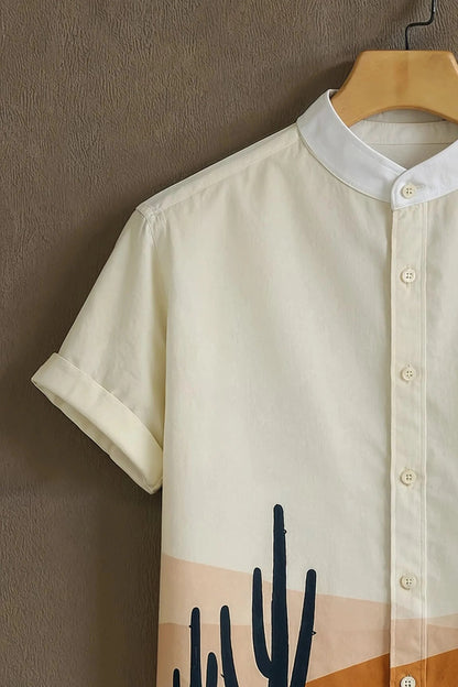 Men’s Desert Sunset Cactus Print Shirt – Minimal Landscape Mandarin Collar Shirt