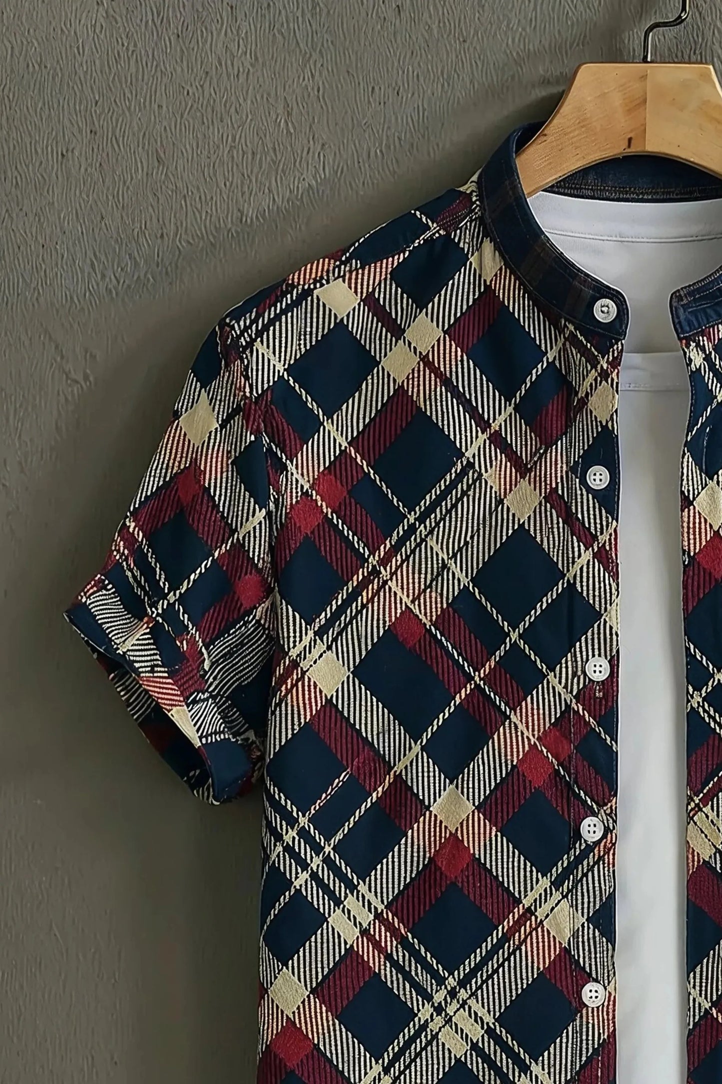 Men’s Modern Checkered Layered Shirt – Stylish Plaid Open Style Mandarin Collar Shirt | Velloria.shop